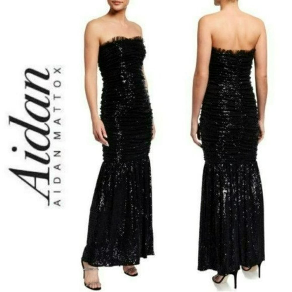 Nwt Aidan Mattox Ruched Sequin Strapless Gown Party Cocktail Maxi Dress
